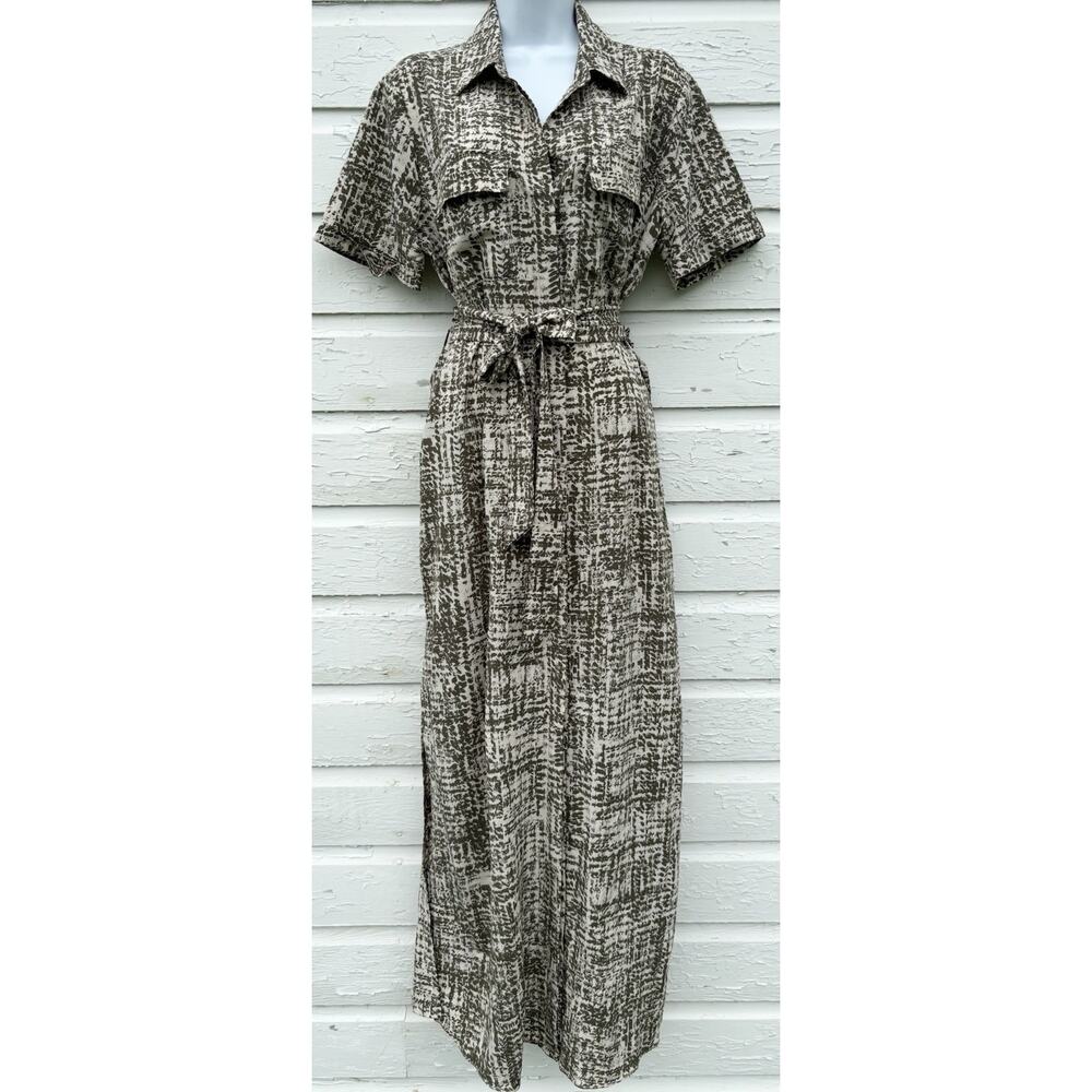 Nine Britton Dress Medium Green Khaki Safari Button Front Belted Maxi Beachy